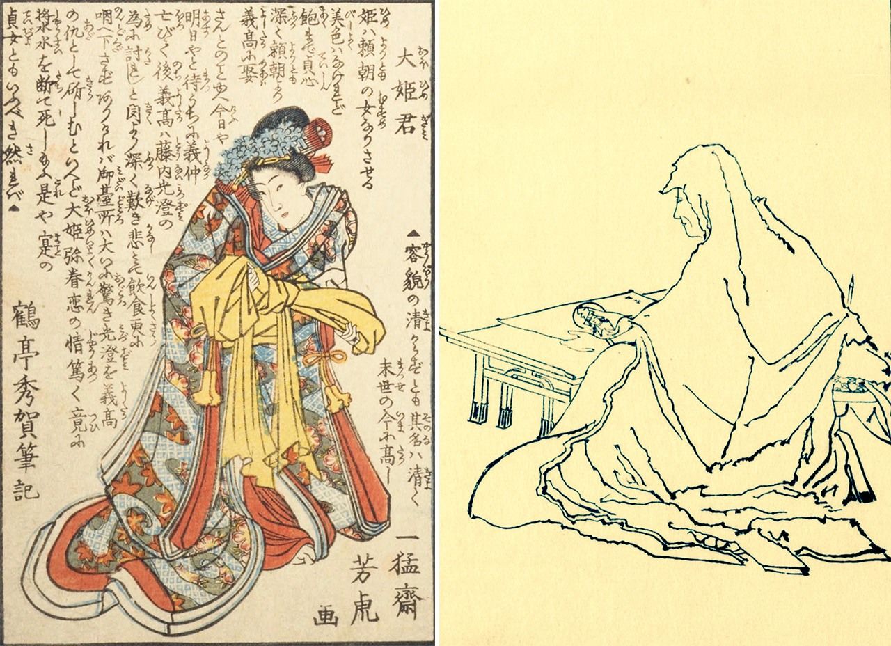 Оо-химэ в книге «Зерцало воинов: собрание знаменитых личностей» (Мусякагами мэйдзин аиаи). Эта женщина с трагической судьбой может стать одной из ключевых фигур исторического сериала (слева); Масако из сборника биографий «Дзэнкэн кодзицу», после смерти Ёритомо её называли «монахиня-сёгун» (ама-сёгун) (оба источника из собрания Национальной парламентской библиотеки)