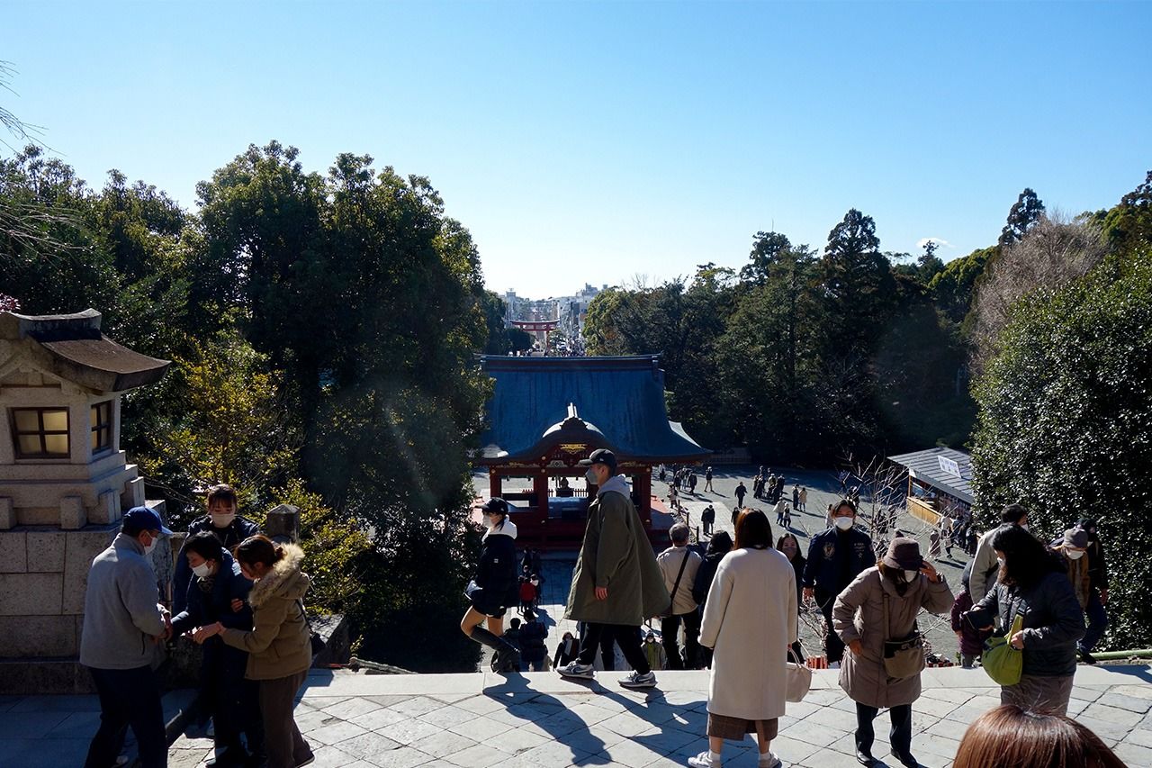 Вид от главного павильона святилища Цуругаока Хатимангу на проспект Вакамия-одзи (фото автора)