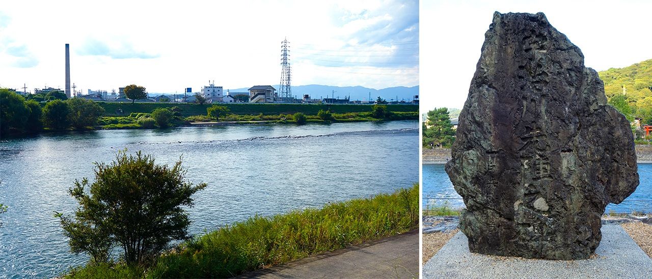 Слева – мелководье, где армия сёгуната переправлялась через реку Удзи; справа – памятная стела в честь авангарда войск, переправившегося через реку (фотографии автора)