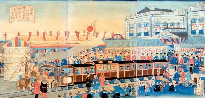 Церемония отправки первого поезда из Сиодомэ (Токио) в Йокогаму в 1872 году (нисики-э, Музей логистики)