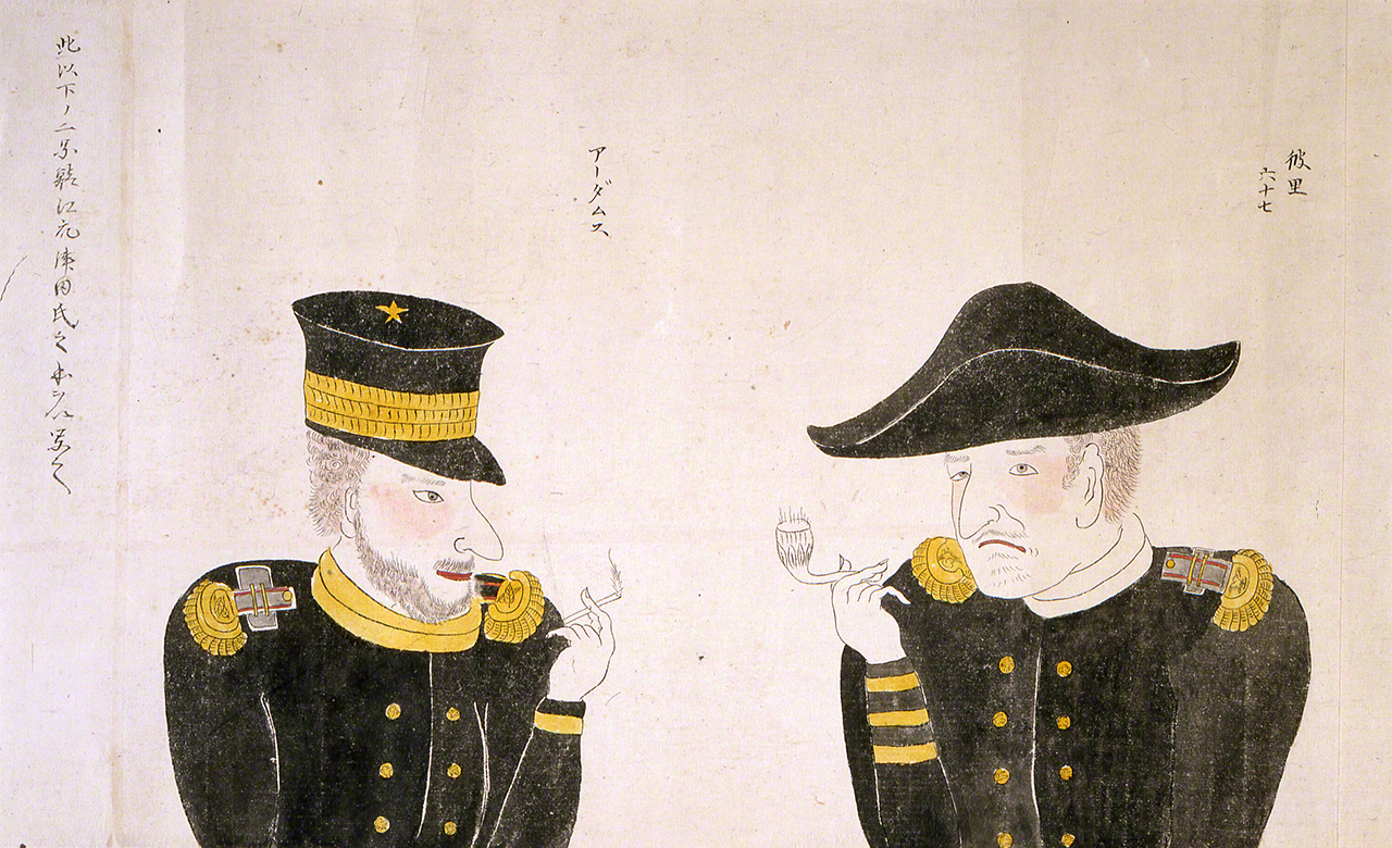 Коммодор Перри (справа) и начальник штаба Адамс. Из иллюстрированного свитка «Памятные картины прихода американских кораблей» (Бэйкан торай кинэндзу, архив порта Йокогама)