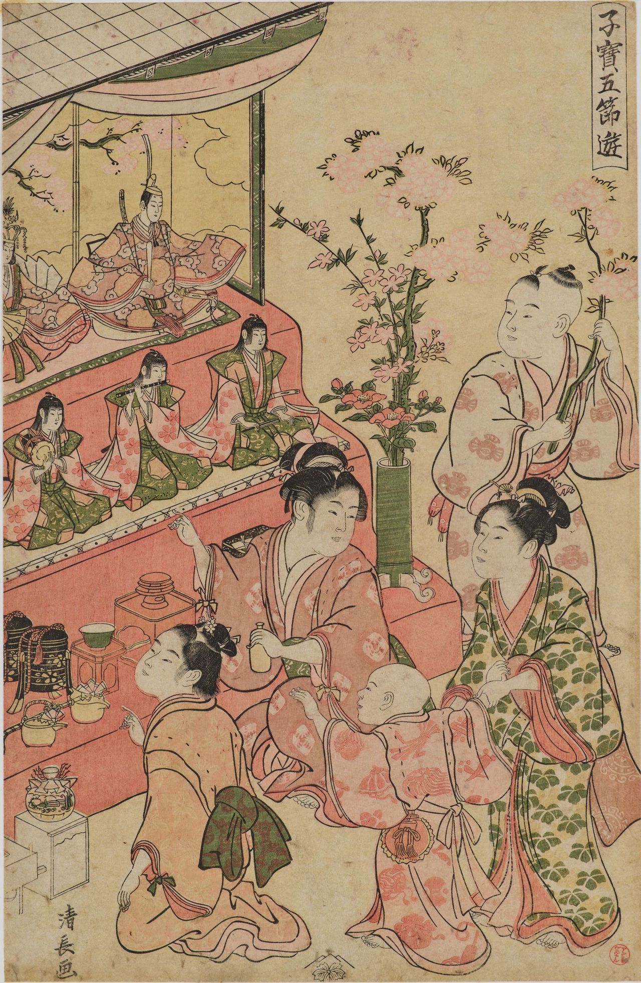 «Развлечения драгоценных детей пяти сэкку – Хинамацури» (Кодакара госэцу асоби хинамацури), гравюра укиё-э XVIII века Тории Киёнага. В отличие от нынешних выставок кукол Хина-кадзари, справа установлена кукла-мужчина (обина), слева – кукла-женщина (мэбина); под ними не три придворные дамы, а пятеро мезыкантов хаяси (коллекция Токийского национального музея, источник: Colbase)
