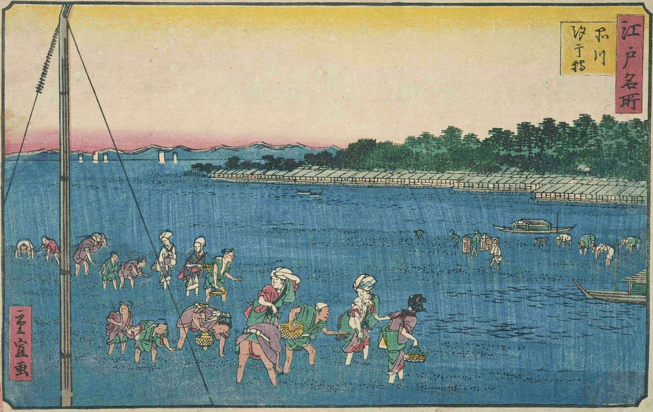 «Эдо Мэйсё Синагава Сиобошигари» показывает мелководье Синагавы. Ansei 5, картина Утагавы Хиросигэ (II). Комната специальной коллекции Токийской столичной центральной библиотеки