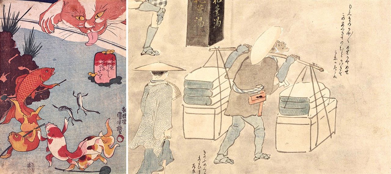 Слева – Утагава Куниёси, гравюра из серии «Сто рассказов о всевозможных золотых рыбках» (Кингё дзукуси хяку моногатари) с новаторской композицией, в которой кошка смотрит на золотую рыбку, плавающую в бадье (источник: colbase); справа – продавец москитных сеток в «Полном иллюстрированном описании занятий» (Сёкунин-дзукуси экотоба, свиток, в картинах объясняющий ремёсла и обычаи в период Эдо, коллекция Национальной парламентской библиотеки)