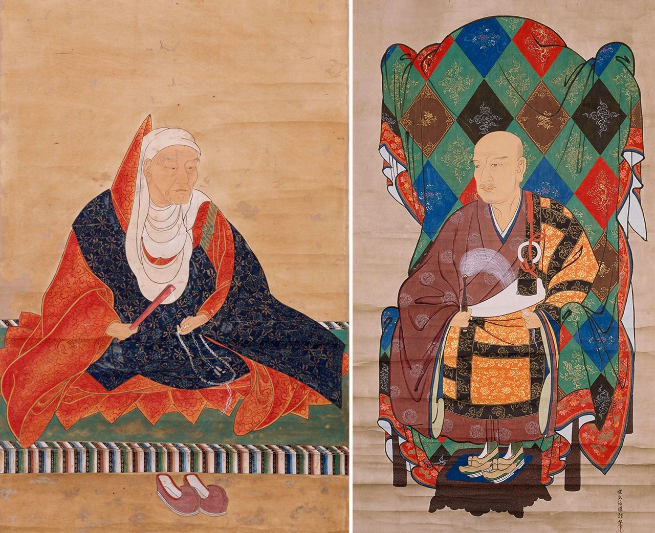 Слева – Тэнкай (Дзигэн дайси), справа – Исин судэн (Контиин Судэн). Оба монаха оказали значительное влияние на запрет христианства при Иэясу (обе копии хранятся в Историографическом институте Токийского университета)