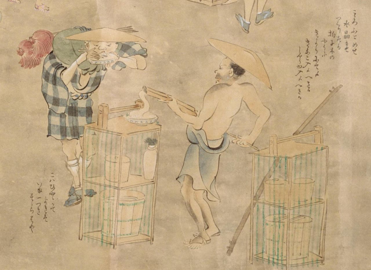 Продавец токоротэн в «Полном иллюстрированном описании занятий» (Сёкунин-дзукуси экотоба, свиток, в картинах объясняющий ремёсла и обычаи в период Эдо, коллекция Национальной парламентской библиотеки)