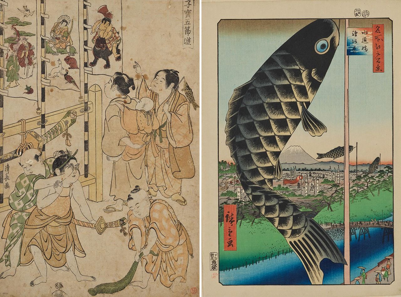 Слева – три флага на иллюстрации в книге «Развлечения драгоценных детей пяти сэкку – Хинамацури» (Кодакара госэцу асоби хинамацури), на них изображены (справа налево) Кинтаро, Момотаро и пожилая пара Такасаго. Ребёнок на переднем плане держит связки ирисов – говорят, что они хлопали ирисами о землю, соревнуясь, у кого выйдет громче. Справа – множество полотняных карпов на гравюре «Сто знаменитых видов Эдо: Суйдобаси Суругадай» (источник обеих иллюстраций: colbase)