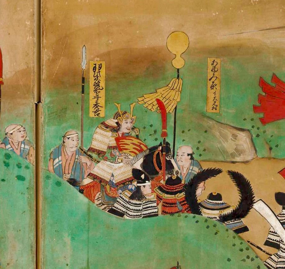 Хасиба (Тоётоми) Хидэёси на ширме «Картины битвы при Нагасино» (коллекция Хакутэй бунко замка Инуяма)
