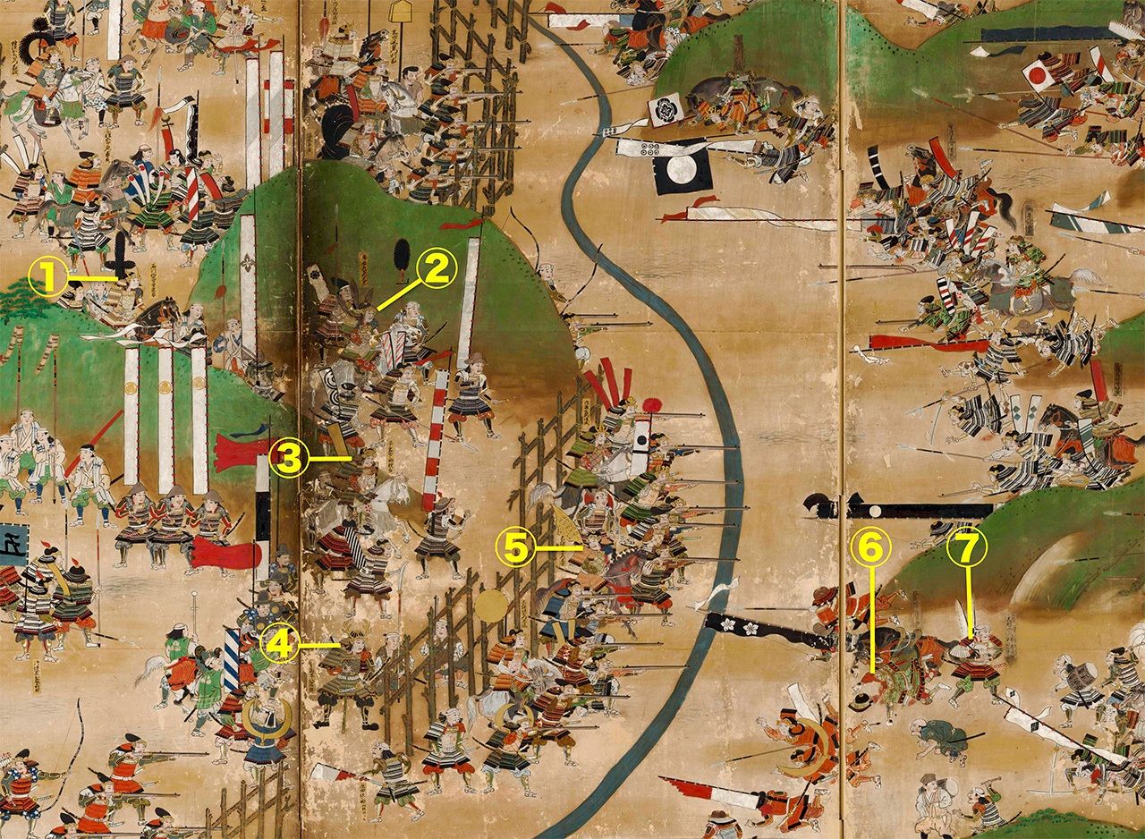 Войска Токугавы Иэясу и погибший Ямагата Масакагэ из армии Такэды на ширме «Картины битвы при Нагасино» (коллекция Хакутэй бунко замка Инуяма)