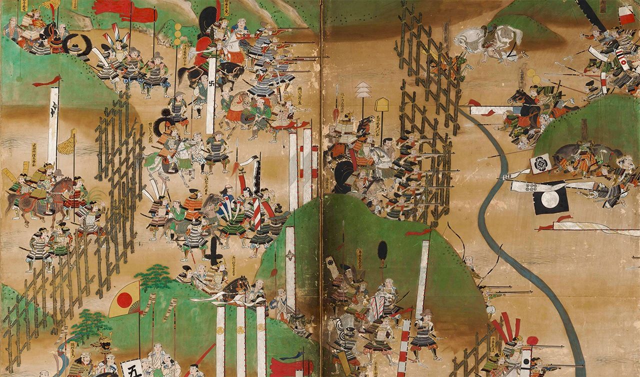 Воины Ода, стреляющие из ружей из-за заграждения на ширме «Картины битвы при Нагасино» (коллекция Хакутэй бунко замка Инуяма)