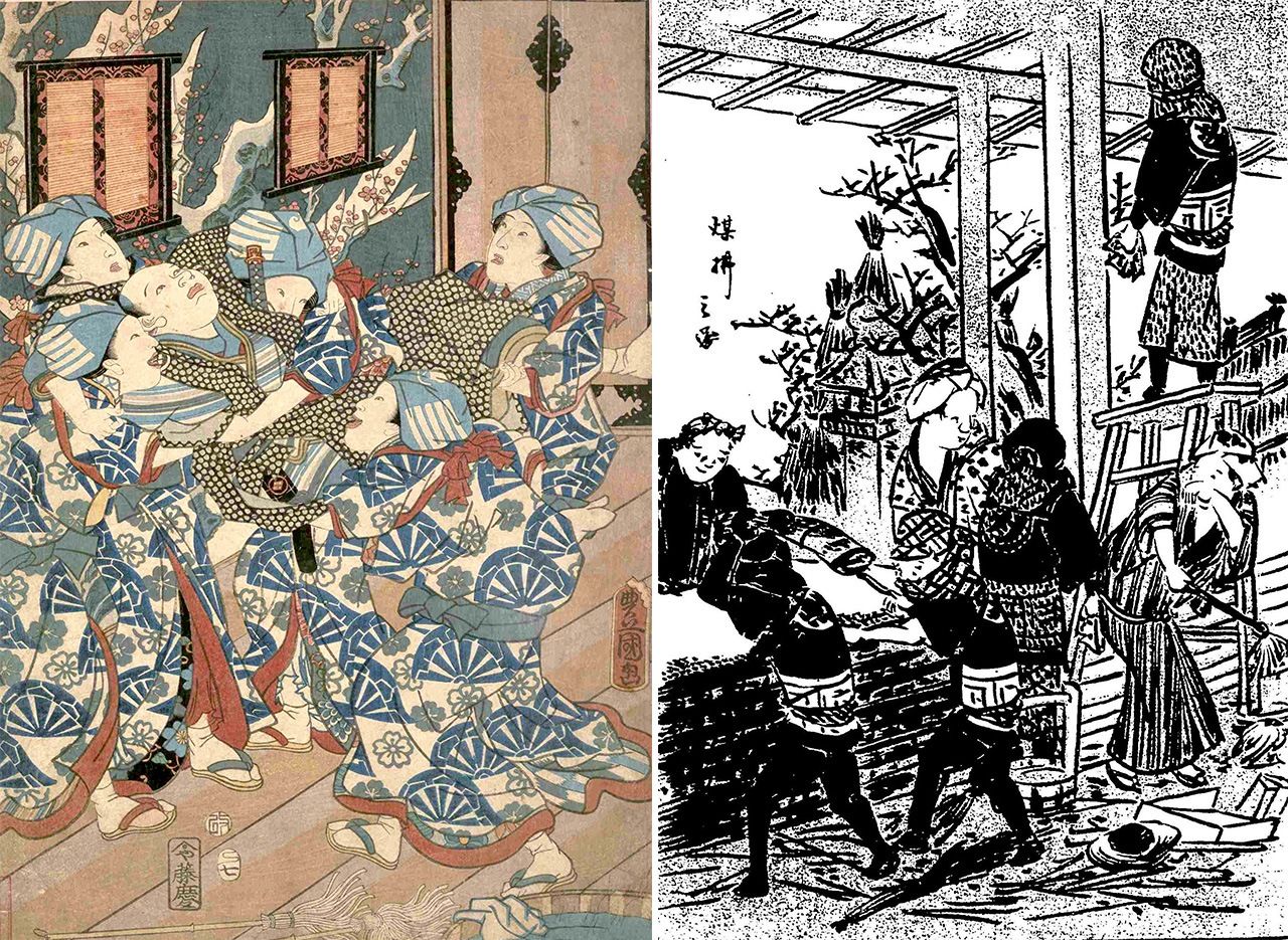 Слева – после очистки от копоти шумно празднуют, подбрасывая участника в воздух. «Двенадцать месяцев Гэндзи: сивасу» (Гэндзи дзюникагэцу-но ути сивасу, специальная коллекция Центральной столичной библиотеки Токио); справа – очистка от копоти настолько трудна, что может показаться, будто бы дом разбирают на части. «Иллюстрированная книга происхождения народных обычаев Эдо» (Эдо фунай эхон фудзоку дзюрай, Национальная парламентская библиотека) «Книга с картинками Фудзоку Орай» Коллекция Национальной парламентской библиотеки