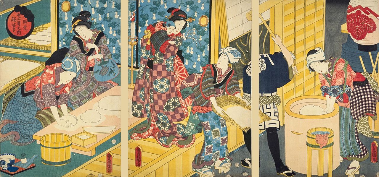 На этой гравюре можно видеть мужчину, напоминающего верхолаза-тоби, с молотом для разбивания риса. «Двенадцать месяцев: приготовление моти в месяце сивасу» (Дзюнигацу-но ути сивасу мотицуки, коллекция Национальной парламентской библиотеки)