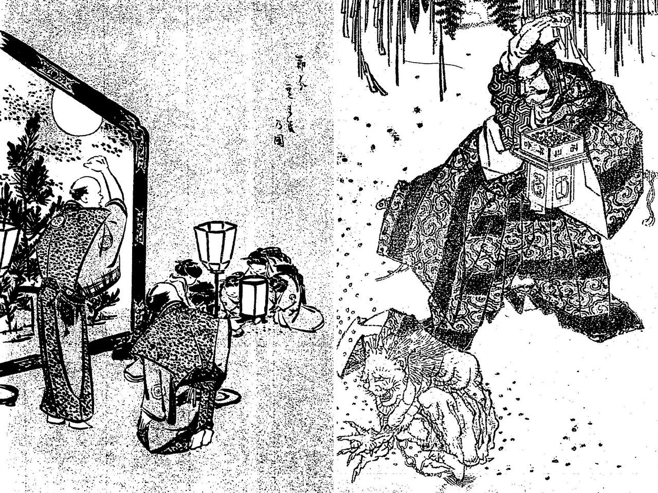 Слева – разбрасыванием бобов занимается пожилой мужчина в парадном одеянии камисимо («Иллюстрированная книга происхождения народных обычаев Эдо», Эдо фунай эхон фудзоку дзюрай, Национальная парламентская библиотека); справа – картинка из учебника рисования «Хокусай манга», созданного знаменитым художником укиё-э Кацусика Хокусай, на которой разбрасывающим бобы изображён Саката Кинтоки (Кинтаро), известный тем, что истреблял таких демонов, как Сютэн Додзи (Национальная парламентская библиотека)