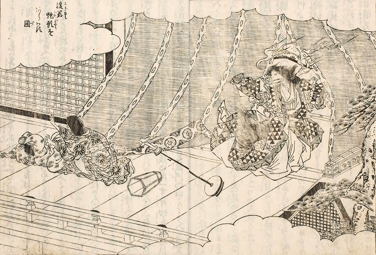 «Ёдо-но кими проявляет сущность монстра в форме змеи» («Иллюстрированные Записи о бвшем канцлере (Тоётоми Хидэёси)», Эхон тайкоки)