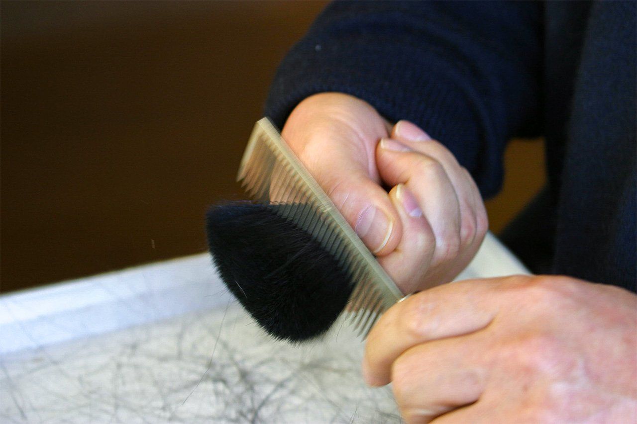Чтобы придать головке кисти идеальную форму, мастер многократно расчёсывает волоски (©«Хакуходо»)