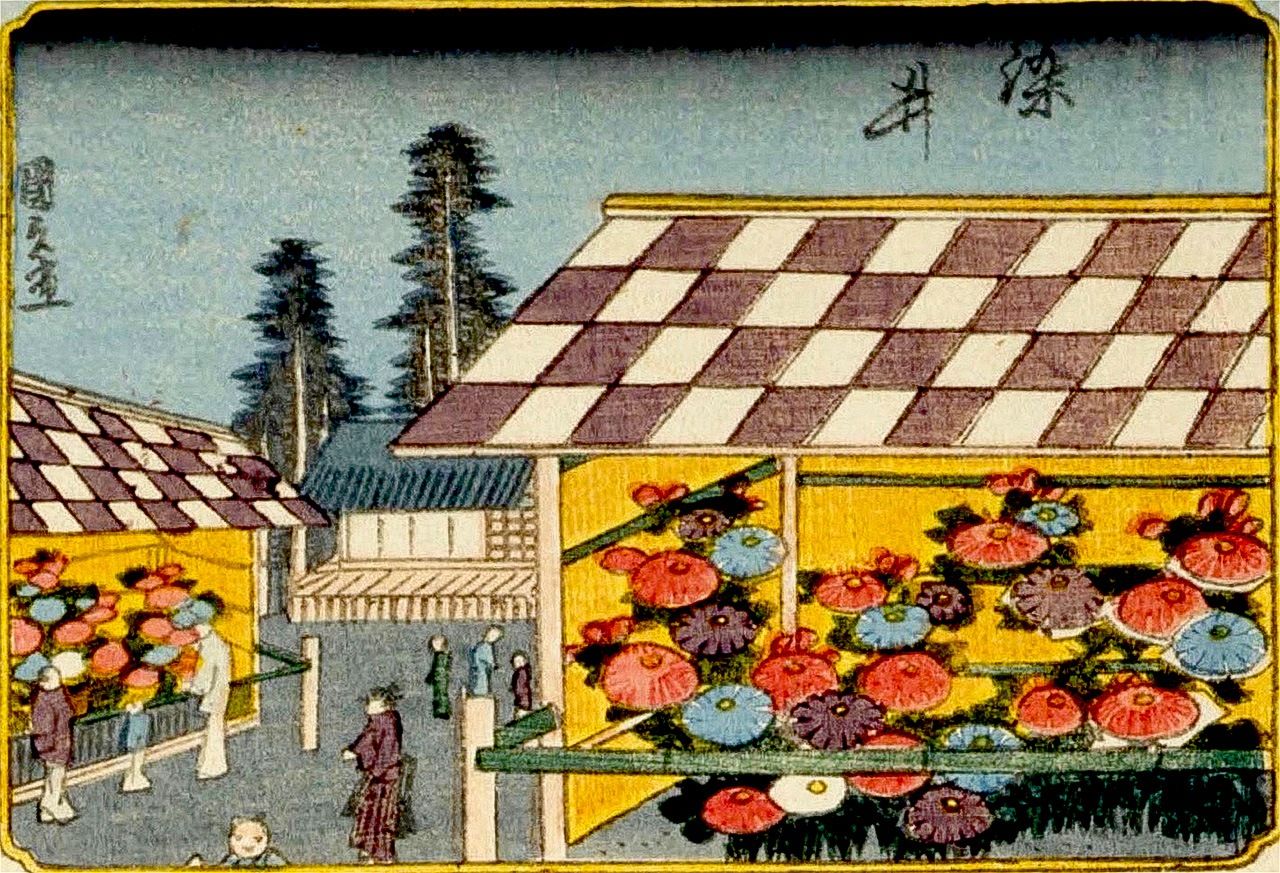 Утагава Кунисада, гравюра, изображающая любование цветами в Сомэи, из серии «Сто красавиц как сто знаменитых видов Эдо» (Эдо мэйсё хякунин бидзё, коллекция Национальной парламентской библиотеки)