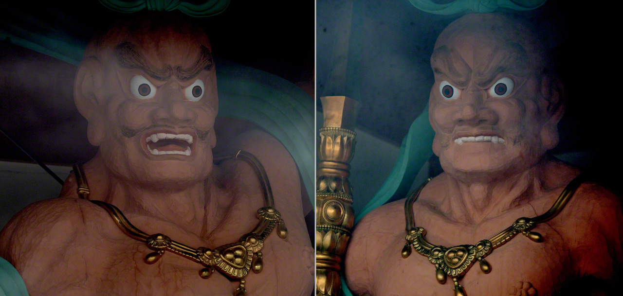 Статуи защитников буддизма Нио у ворот Саммон. Тот, что слева, как будто произносит звук &laquo;а&raquo; &ndash; это выдох, а &laquo;ун&raquo; справа &ndash; вдох, а вместе они символизируют Вселенную, её начало и конец