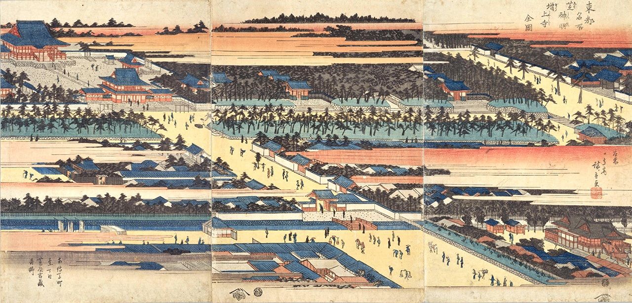Утагава Хиросигэ I, гравюра «Полный вид святого монастыря Дзодзёдзив Сиба» из серии «Знаменитые места Восточной столицы» (Тото мэйсё сиба симмэй дзодзёдзи дзэндзу) изображает панорамный вид монастыря Дзодзёдзи (коллекция Национальной парламентской библиотеки)