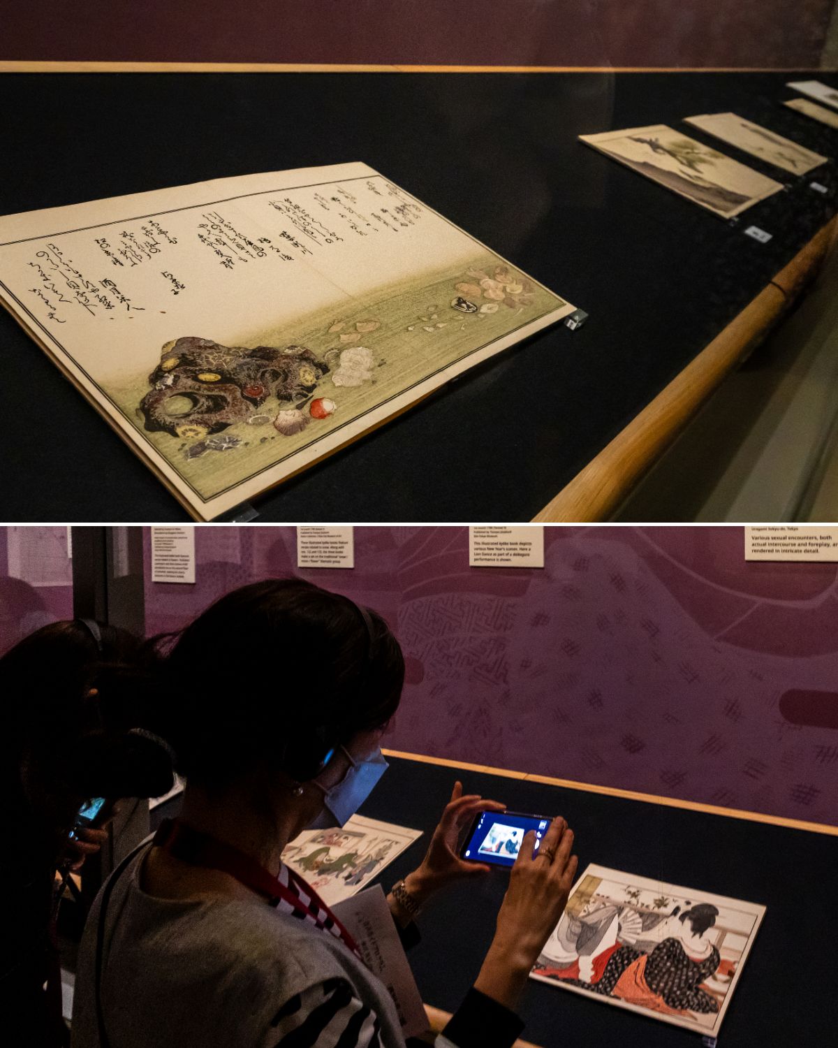 Вверху: «Книга картинок: дары отлива» (Эхон сиохи но цуто), изданная Цутая, представляла собой великолепное издание с реалистичными иллюстрациями Утамаро (из коллекции Лавица Музея искусств города Тиба). Экспонируется также самая известная в мире эротическая гравюра (сюнга) «Утамакура» (принадлежит галерее Урагами Сокюдо, Токио)