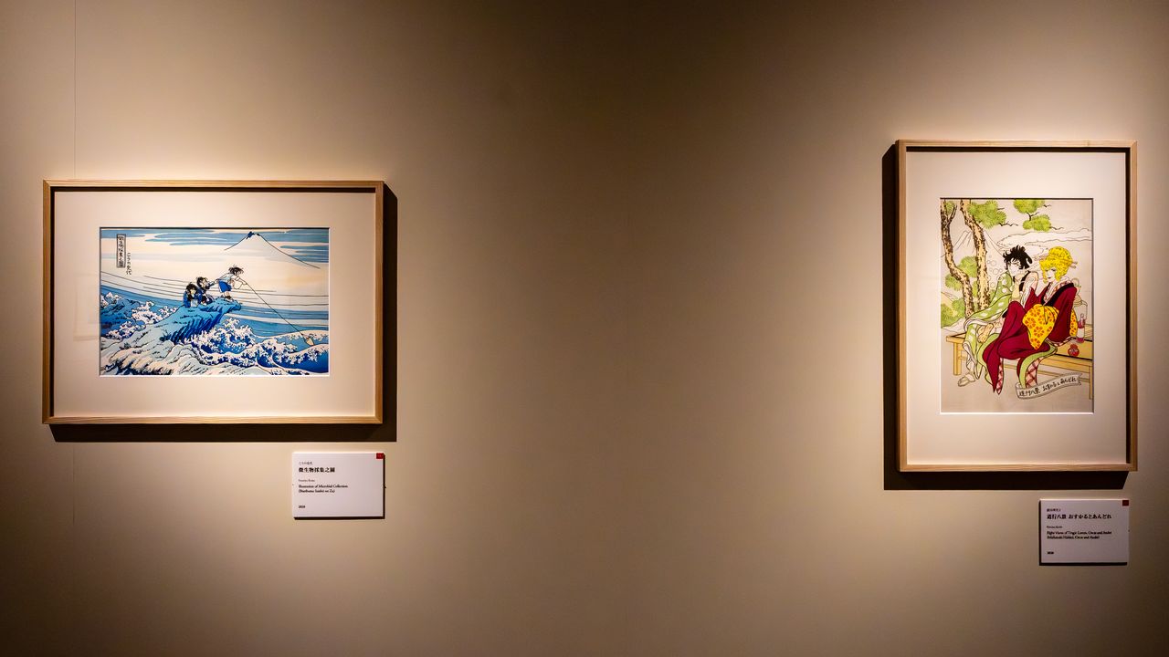 Слева – Коно Фумиё, написавшая книгу «В этом уголке мира», отдаёт дань уважения Хокусаю. Справа – два главных героя романа Икэды Риёко «Роза Версаля» в японских костюмах