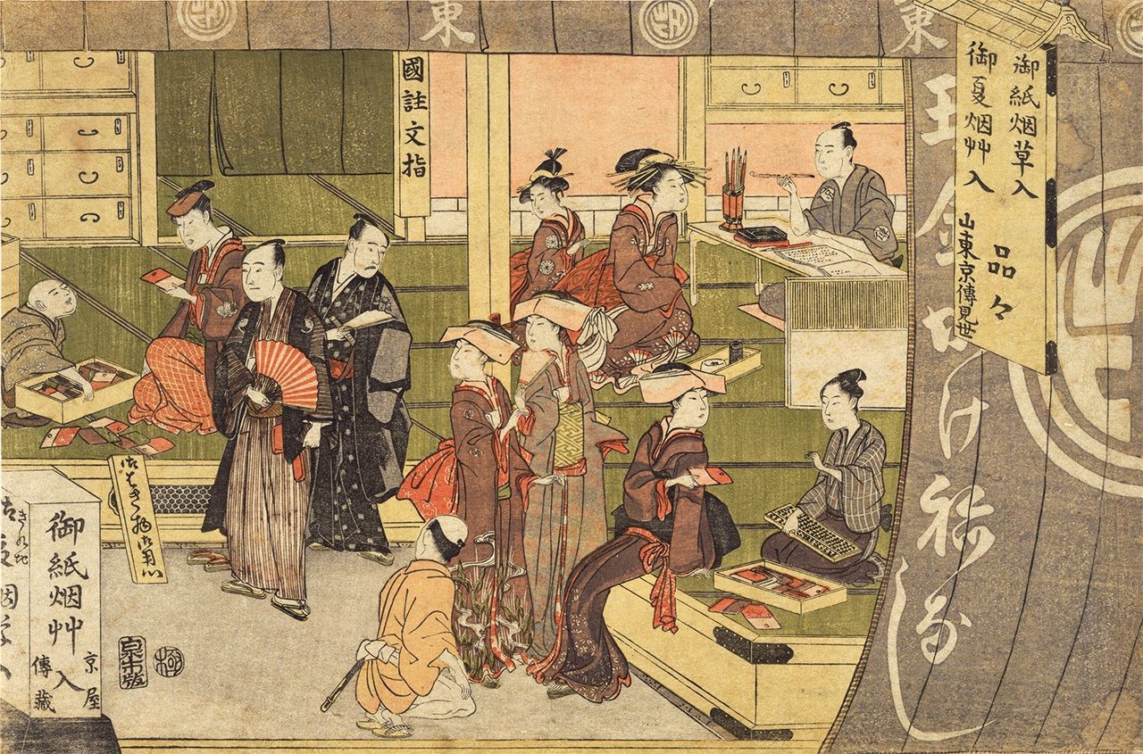 Табачный магазин Кёдэна в Гинзе. Кёдэн виден на заднем плане справа, с курительной трубкой в руке (источник: ColBase)