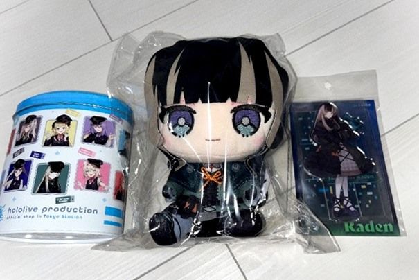 Мерч Hololive, купленный в магазине на станции Токио, включая плюшевую игрушку и акриловый стенд персонажа Дзюфутэй Радэн (© Окамото Такэси)
