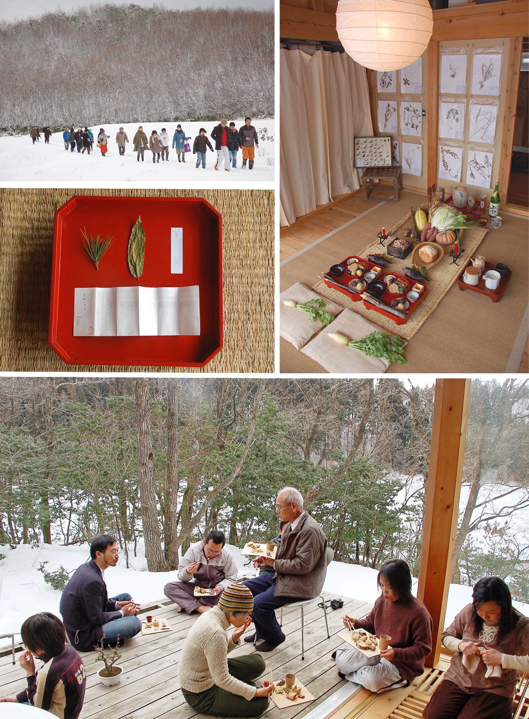 Члены группы «Маруяма-гуми» встречают божество перед пологим холмом Маруяма. В качестве священных предметов, на которые нисходит божество, используется список встреченных в природе живых организмов. На праздничном пиру также подают хлеб из рисовой муки, испечённый фермерами (предоставлено группой «Маруяма-гуми»)