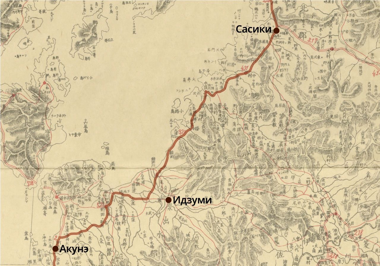 Район Идзуми на «Полной карте Сайкайдо» (Сайкайдо дзэндзу). Граница между Сацума и Хиго проходила между Идзуми и Сасики (собрание музея префектуры Сага)