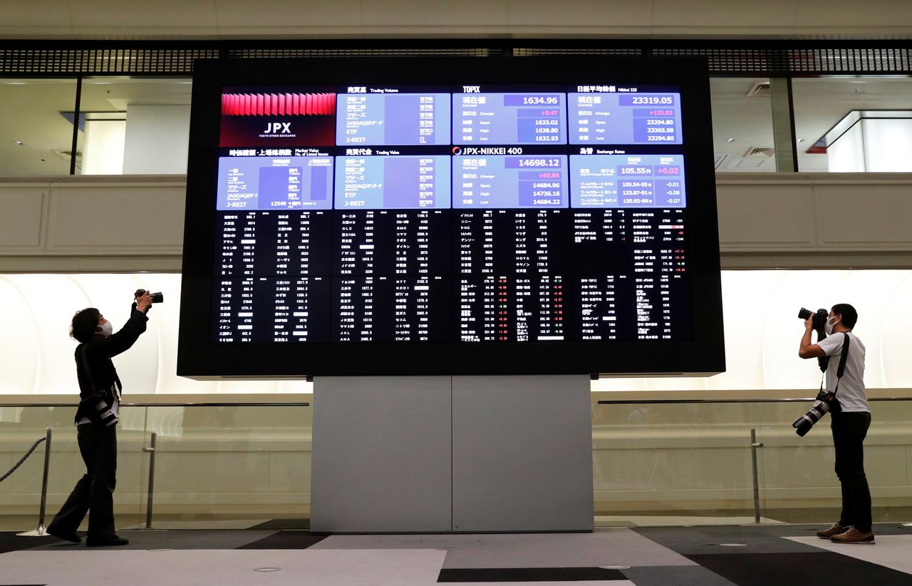 Photographers take photos near a large screen showing stock prices at the Tokyo Stock Exchange (TSE) after market opens in Tokyo, Japan October 2, 2020. REUTERS/Kim Kyung-Hoon