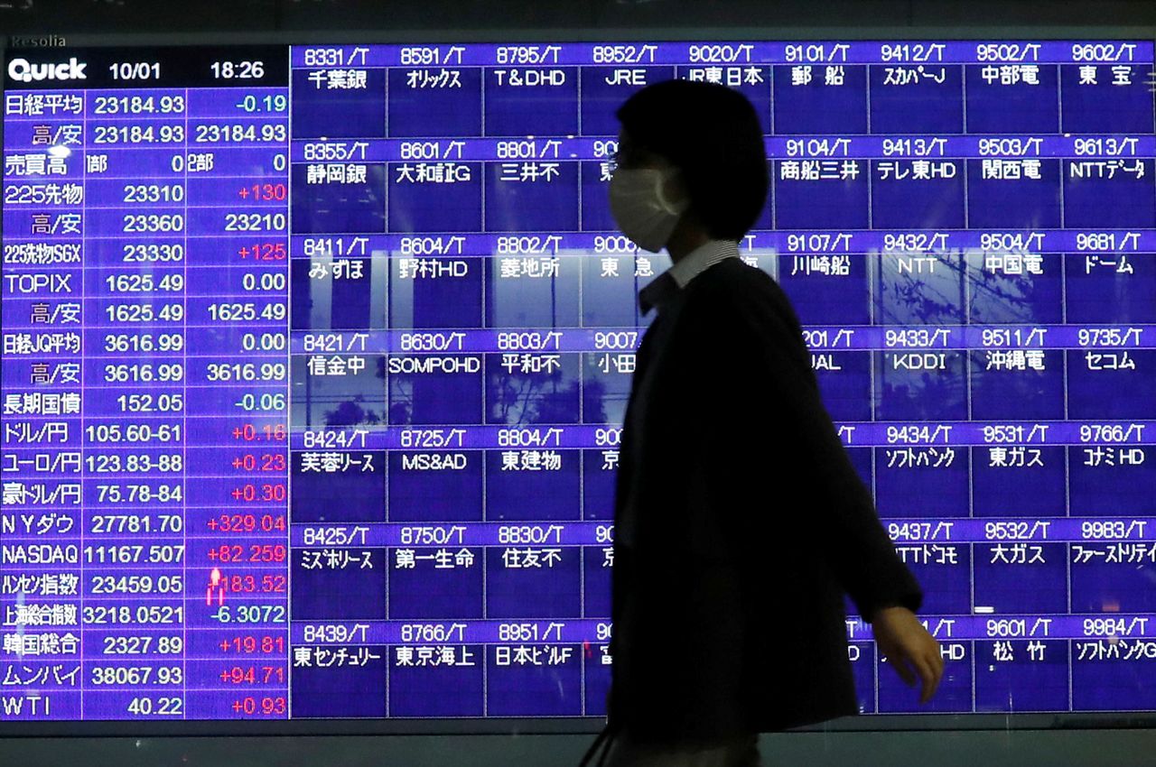 A passerby wearing a protective mask is silhouetted in front of a screen of blank prices on a stock quotation board after Tokyo Stock Exchange temporarily suspended all trading due to system problems, amid the coronavirus disease (COVID-19) pandemic, in Tokyo, Japan October 1, 2020.  REUTERS/Issei Kato