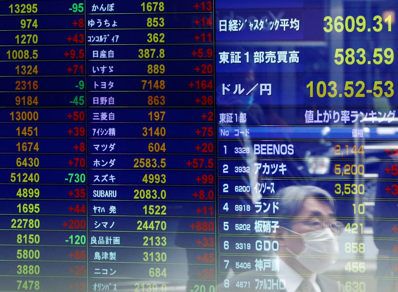 FILE PHOTO: A passersby wearing a protective face mask is reflected on screen displaying the Japanese yen exchange rate against the U.S. dollar and stock prices at a brokerage, amid the coronavirus disease (COVID-19) outbreak, in Tokyo, Japan November 6, 2020. REUTERS/Issei Kato/File Photo