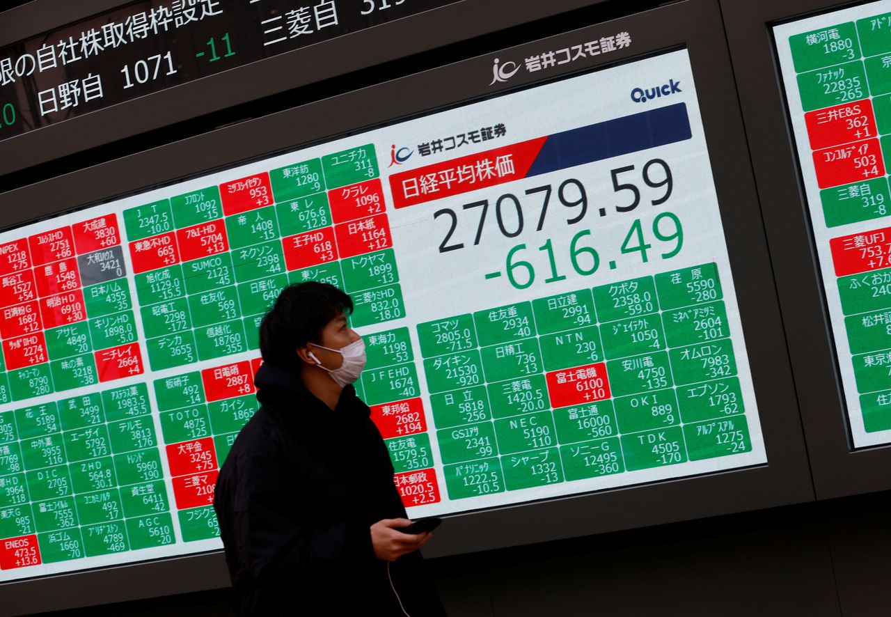 A person wearing a protective face mask, amid the coronavirus disease (COVID-19) pandemic, walks past a screen showing Nikkei index outside a brokerage in Tokyo, Japan, February 14, 2022. REUTERS/Kim Kyung-Hoon