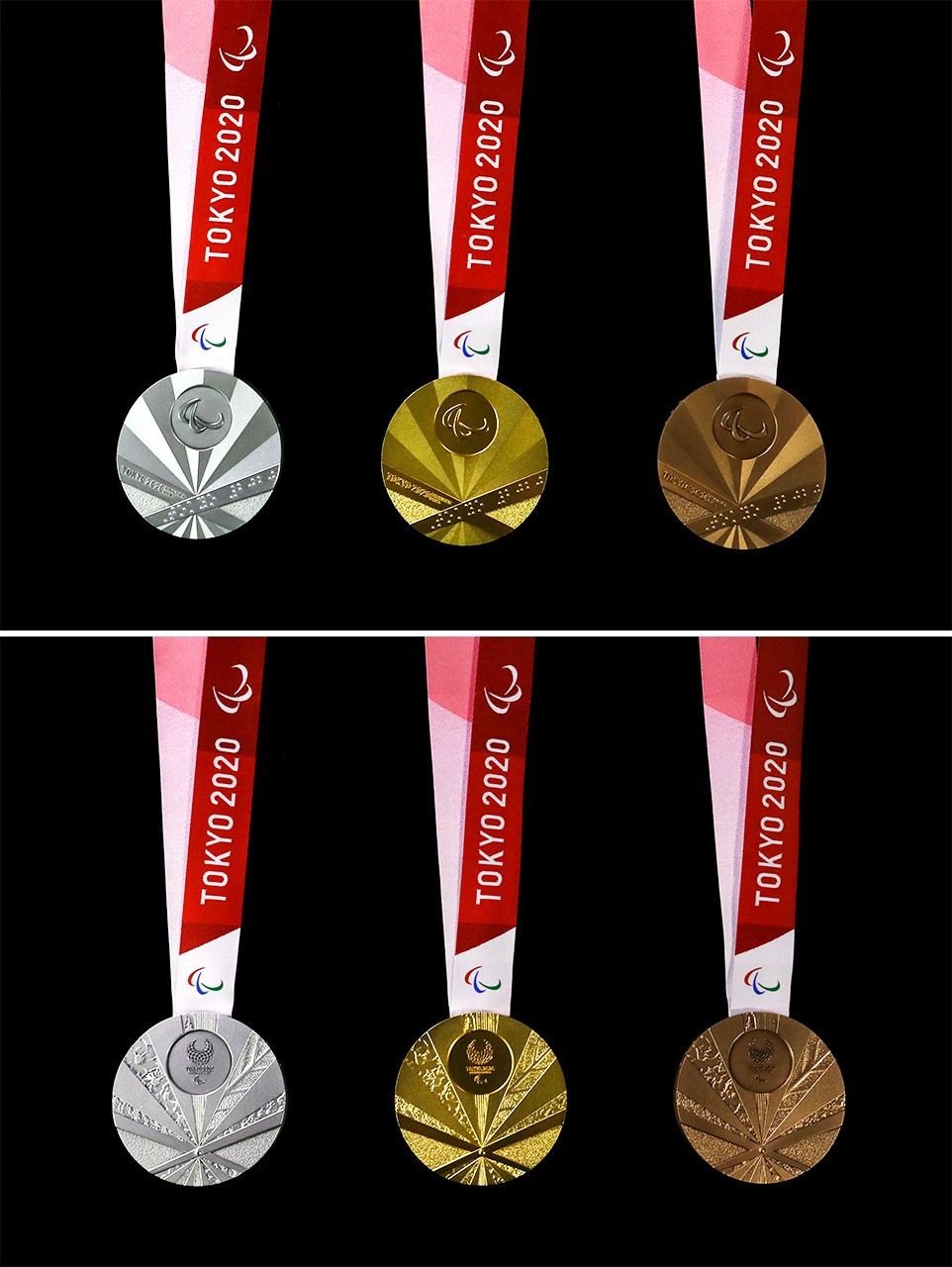 Оборотная (сверху) и лицевая (снизу) стороны медалей летних Паралимпийских игр 2020 года в Токио (оба снимка предоставлены Jiji Press)