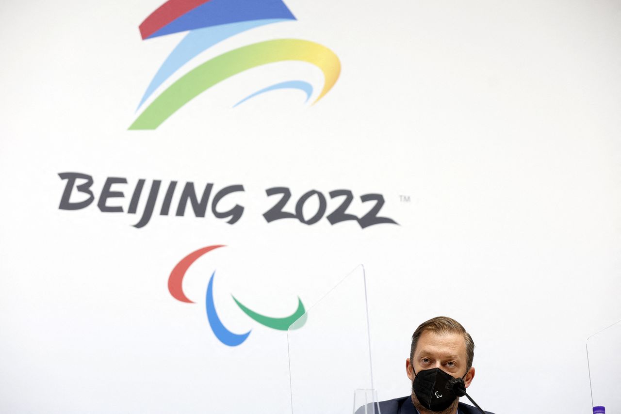 IPC President Andrew Parsons during a press conference to announce that Russian Paralympic Committee and Belarus athletes would no longer take part in the Beijing 2022 Winter Paralympic Games REUTERS/Peter Cziborra
