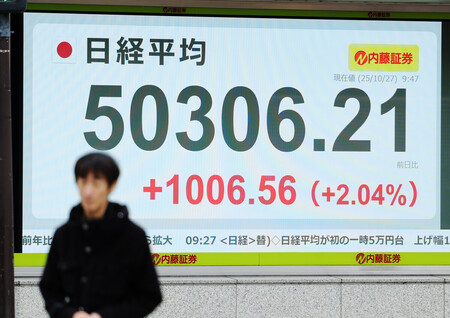 5万円を超えた日経平均株価を示すモニター=27日午前、東京都中央区