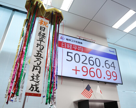 日経平均株価が史上初めて5万円を超え、東京都内の証券会社で割られたくす玉=27日午前、東京都中央区の岩井コスモ証券