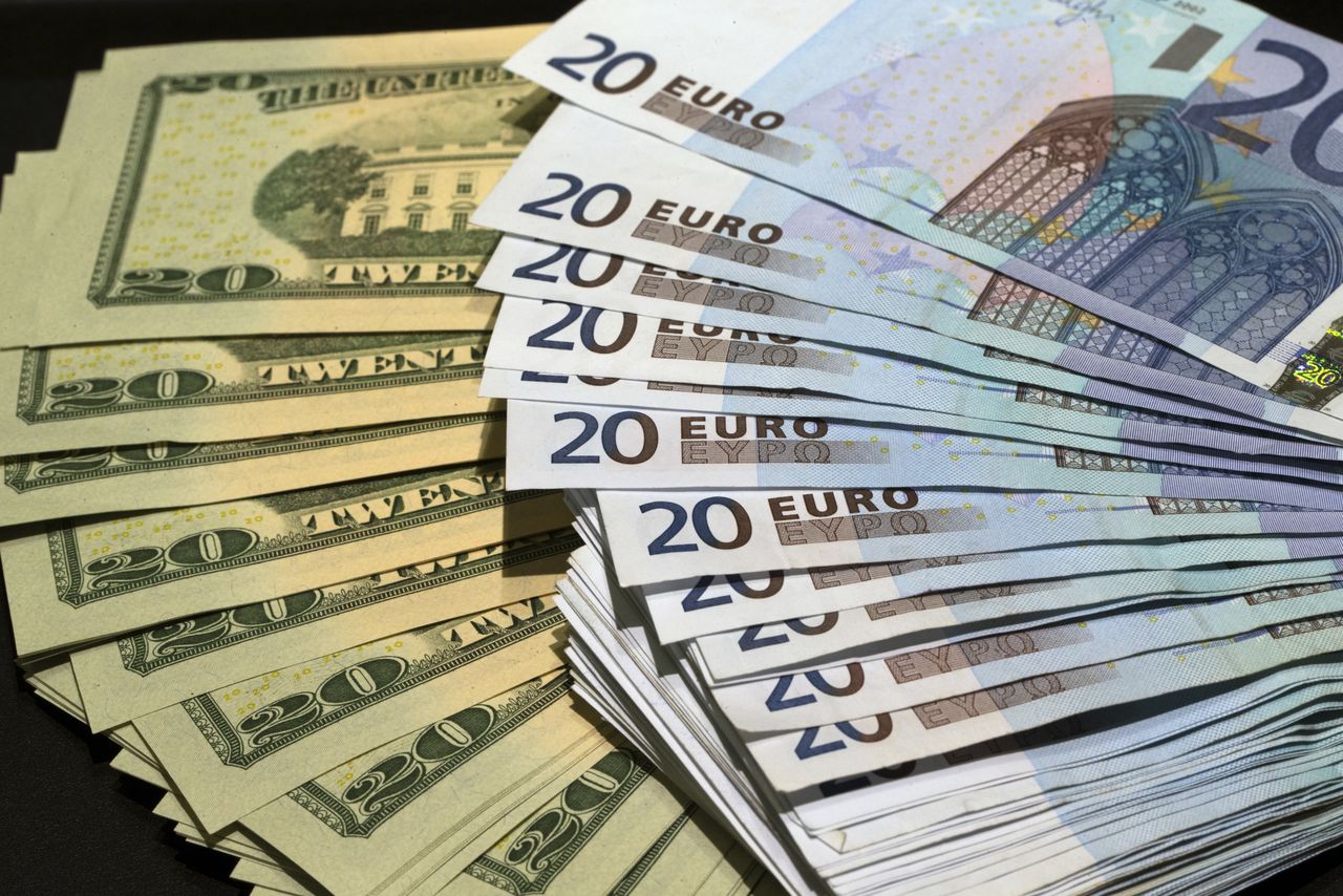 U.S. dollars and euros banknotes are seen in this illustration photo taken at a change bureau in Paris, October 28, 2014. The global economy will gradually improve over the next two years while the euro zone struggles with stagnation and an increased deflation risk, the OECD said on Tuesday November 25, 2014. The OECD has calculated that a gradual 10 percent depreciation of the euro and the yen against the dollar over the next two years could potentially raise growth in the euro area and Japan by around 0.2 percentage point next year and twice as much the following year. Picture taken October 28, 2014. REUTERS/Philippe Wojazer  (FRANCE - Tags: BUSINESS)
