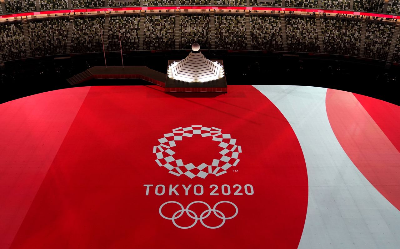 Tokyo 2020 Olympics - The Tokyo 2020 Olympics Opening Ceremony - Olympic Stadium, Tokyo, Japan - July 23, 2021. The logo of Tokyo 2020 Olympics is seen during the opening ceremony REUTERS/Athit Perawongmetha