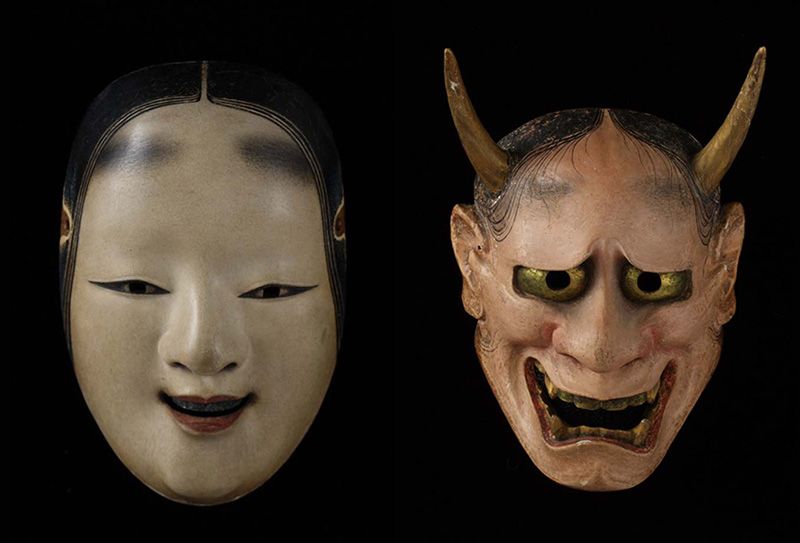 Японский театр масок. Театр Кабуки маски демонов. Маски японского театра Кабуки. Японская маска Коомотэ. Японский театр ногаку маски.