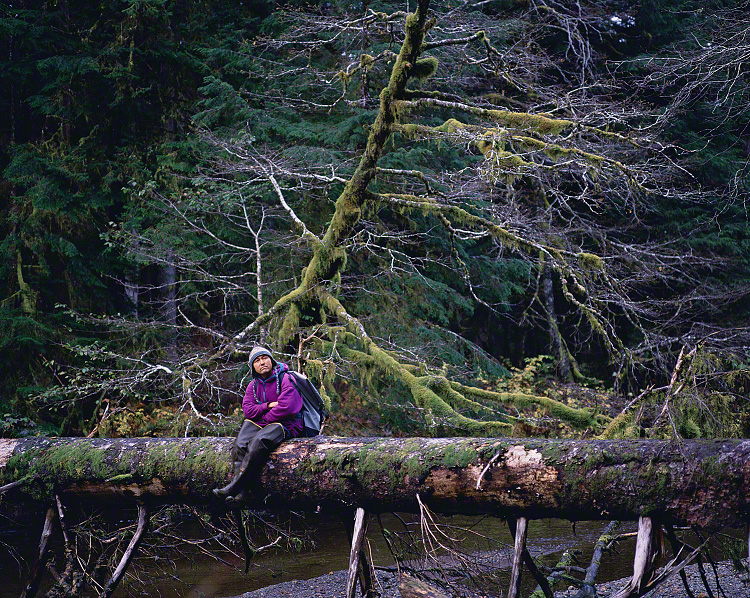 Хосино оглядывает окрестности, сидя на упавшем дереве